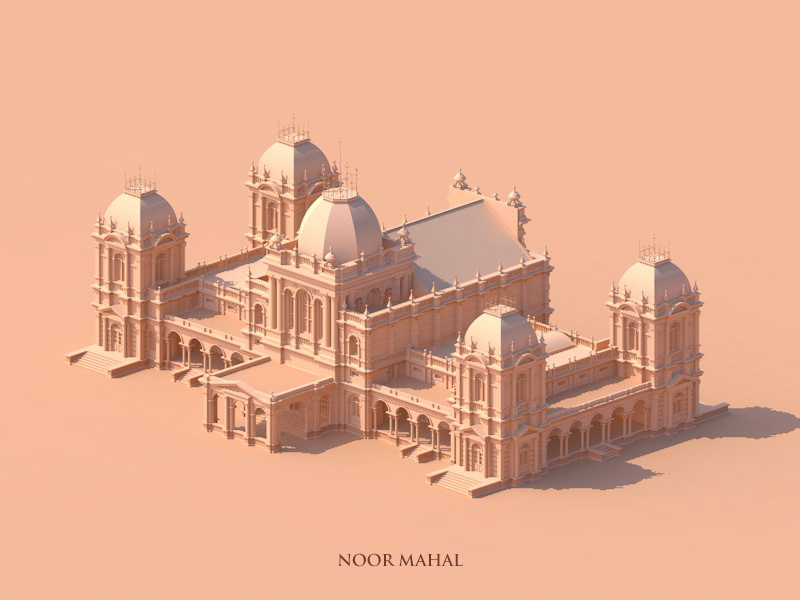 Noor Mahal vector isometric architecture monochrome drawing illustration minimal