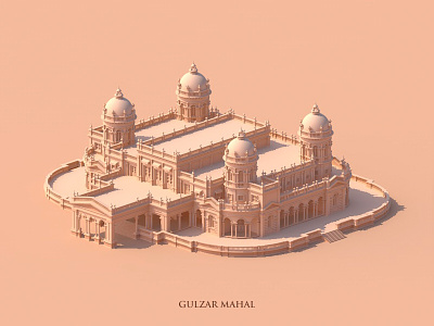 Gulzar Mahal architecture drawing illustration isometric minimal monochrome vector