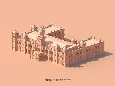 Punjab University architecture drawing illustration isometric minimal monochrome vector