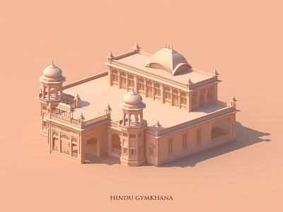 Hindu Gymkhana architecture drawing illustration isometric minimal monochrome vector