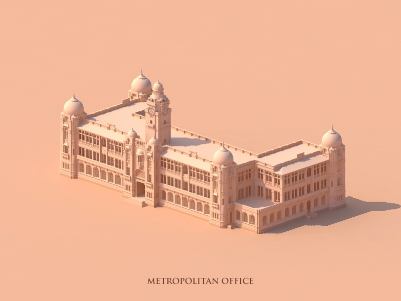 Metropolitan Office Karachi vector monochrome minimal isometric illustration drawing architecture