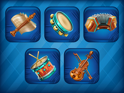 Collection for social mobile music game "Piano City" collection drum flute game harmonica icons music musical instruments tambourine vector violin