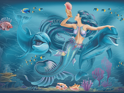 Mermaid and Dolphins dolphin fish freelance illustration mermaid sea under water whather