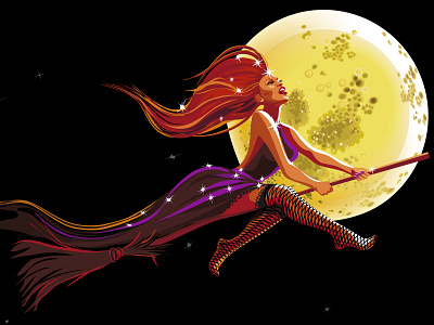 The Witch and the Moon fly freelance halloween moon vector witch