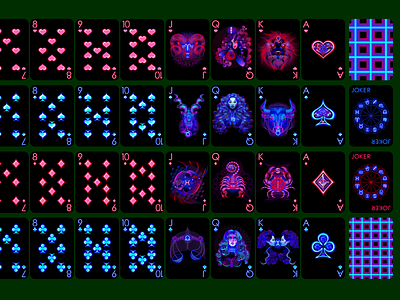Neon playing cards, Zodiac signs. heart