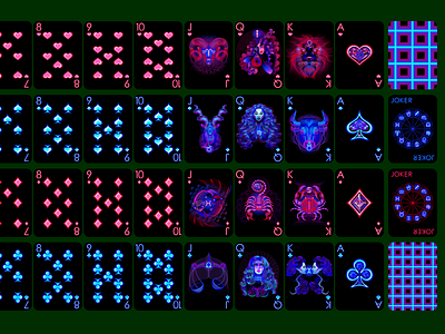 Neon playing cards, Zodiac signs.