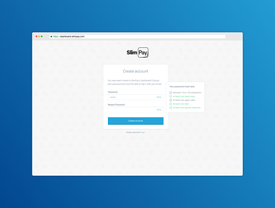 SlimPay Dashboard - Create account account account creation app b2b blue dashboard fintech sign up signup ui ux
