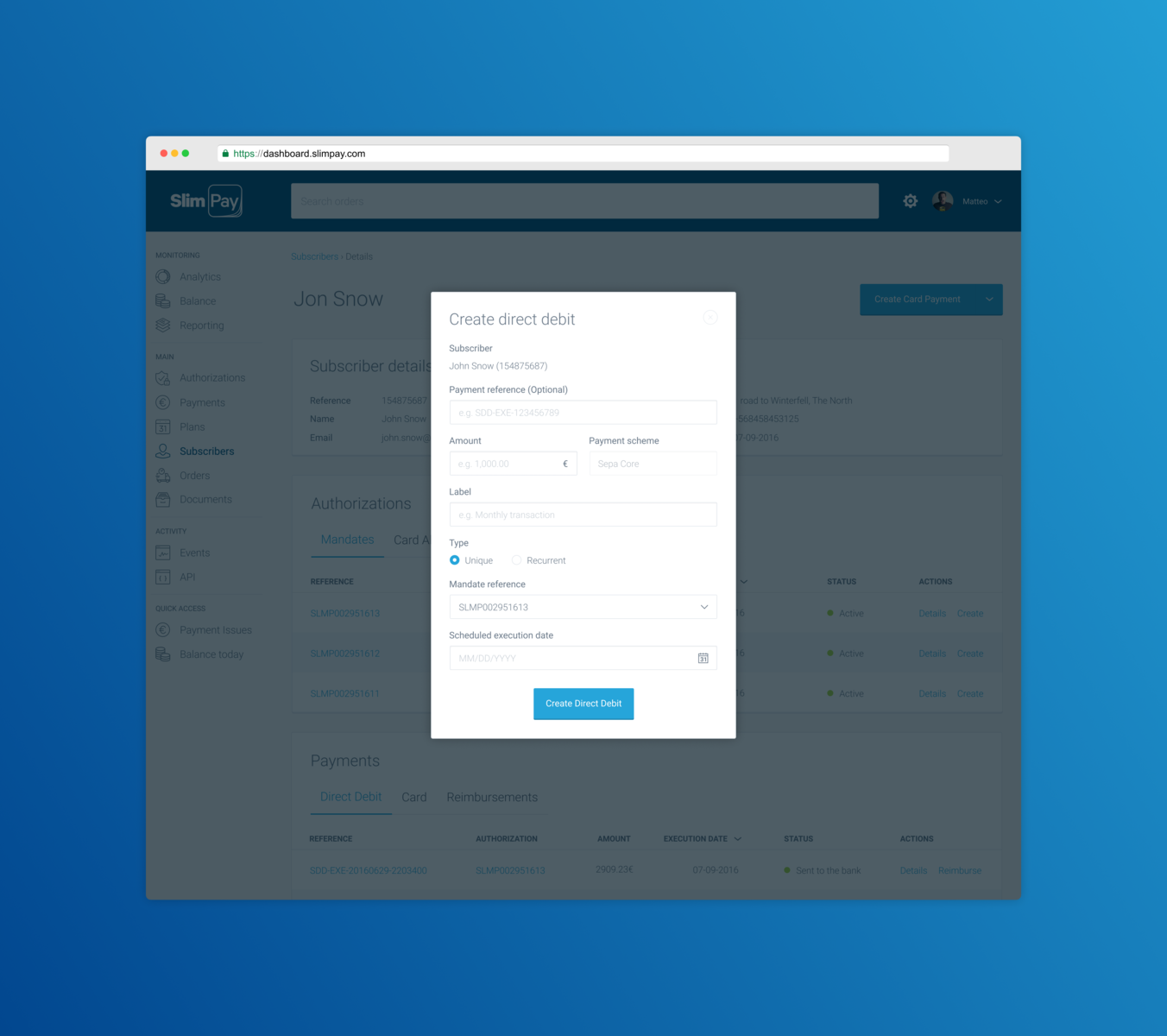 SlimPay Dashboard - Create direct debit by Matteo Batazzi on Dribbble