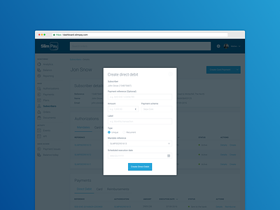 SlimPay Dashboard - Create direct debit app b2b blue dashboard direct debit fintech modal overlay payment sepa ui ux