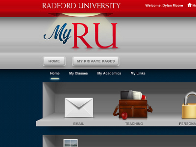 My RU new look blue buttons icons light radford university red shadow shelves