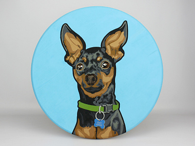 Miniature Pinscher painting from illustration black dog dog tag hand painted illustration miniature pinscher painting puppy tan