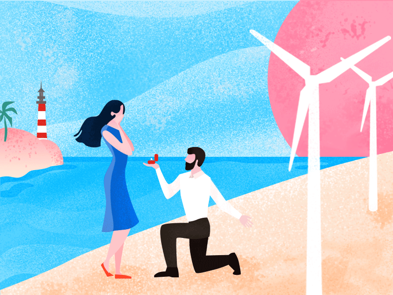 Love Overture - proposed beach blue illustration lady lover men pink proposed sea windmill