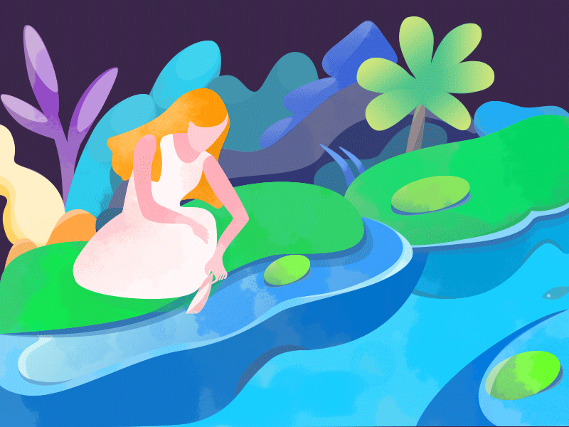 Midsummer Night 's Dream V boat colorful fish girl green gulf illustration lawn paper riverside