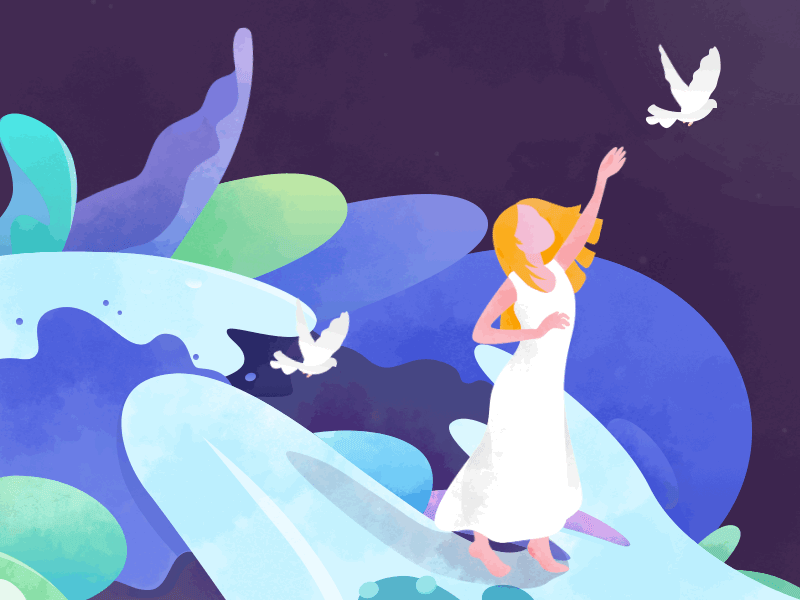 Midsummer Night's Dream VII blue dove fly girl green illustration love pigeon purple sorrowful