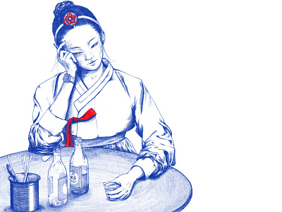 "술 한잔 해요"
Korean Hanbok girl drinking some soju on her own.