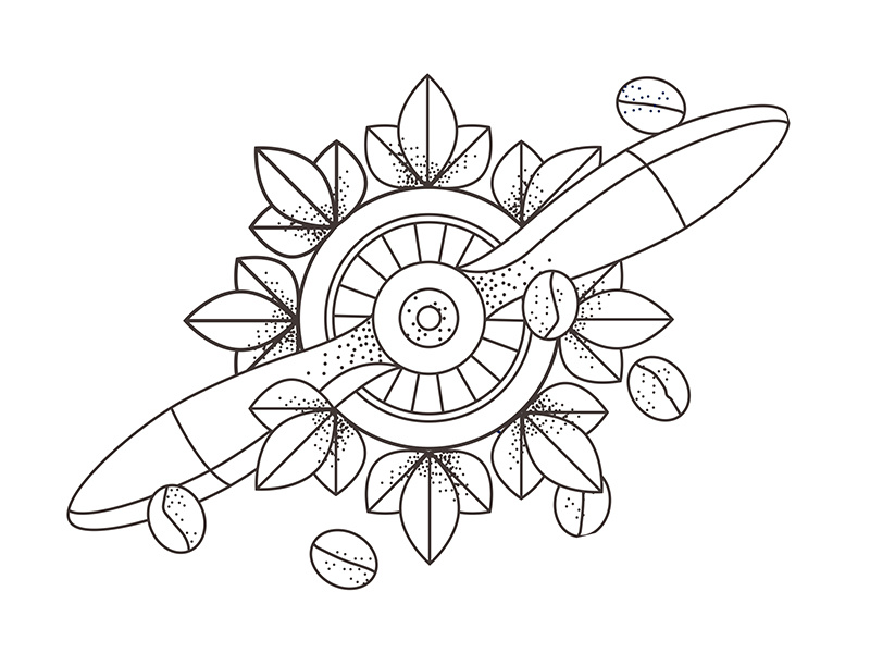 Closer look label coffeebean airplane propellor skecthes drawing pointillize linework graphic pen illustration