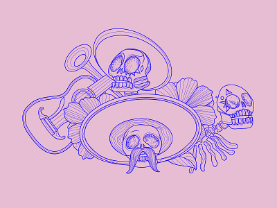 Illustration Mexican Muertes day of the dead flowers. handmade illustration line skull skulls