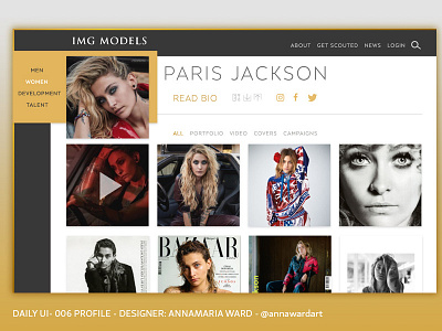 Daily UI - 006 IMG Model Paris Jackson annamaria ward black branding daily ui 006 daily ui challenge design gold img models paris jackson profile ui user account user profile website white