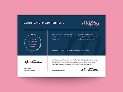 Mapsy Certificate of Authenticity authenticity certificate grid layout mapsy