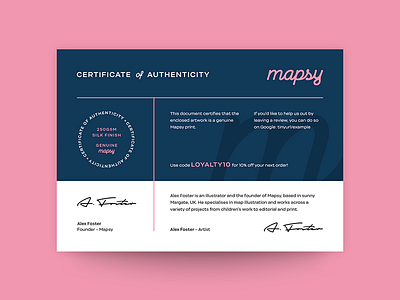 Mapsy Certificate of Authenticity