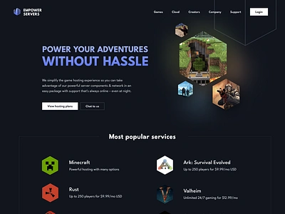 Empower Servers Marketing Website Landing Page clean company csgo design gamer gaming homepage hosting landing page marketing minecraft modern terraria ui valheim vector