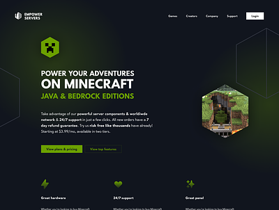 Empower Servers Landing Page for Minecraft Hosting branding clean dark design figma gamer gaming hosting landing page minecraft modern night