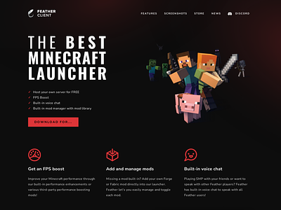 featherclient.com Minecraft / Gaming Launcher Landing Page black block branding clean dark design figma gaming gradient graphic design minecraft mockup modern nunito oswald red soft steve ui