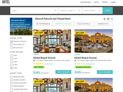 Hotel Classified Website - Search Result Page design flat hotel booking minimal ui uiux ux web web design website