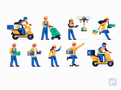 Set of couriers delivering parcels to home for sale box buy courier delivery design fast illustration man moto parcel sale scooter skateboard vector woman