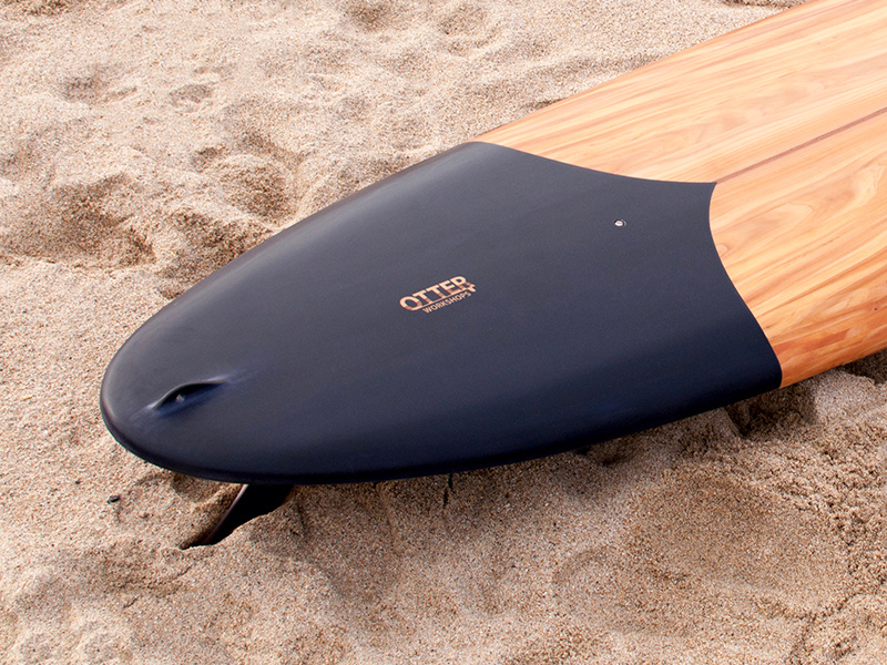 Tide X Otter Tail Detail tom blake tail matte black surf wooden surfboard craft handmade cornwall surfboard wood otter tide