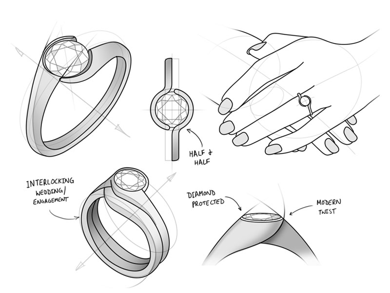 CAD share! this is the computer generated image of my engagement ring  (created by a local goldsmith) juxtaposed on the original design sketches I  drew!! They'll use this CAD to 3D print