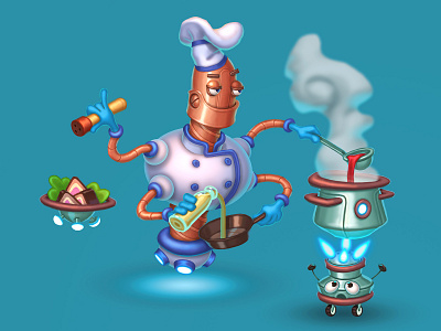 Robo-chef calendar character chef cooking food fun future illustration mechanic oil polygraphy print robot smoke tasty