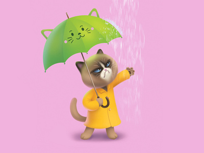 Grumpy cat angry cat grumpy illustration polygraphy print rain sad umbrella weather