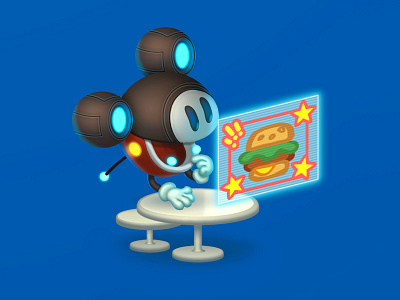 Robo-Mickey ad advertising burger character fun future hologram illustration mickey polygraphy print restaurant robot table