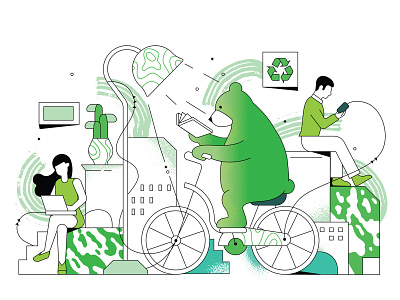 Green energy bear bicycle calendar character charge comix date design ecology energy illustration kaspersky polygraphy print stroke