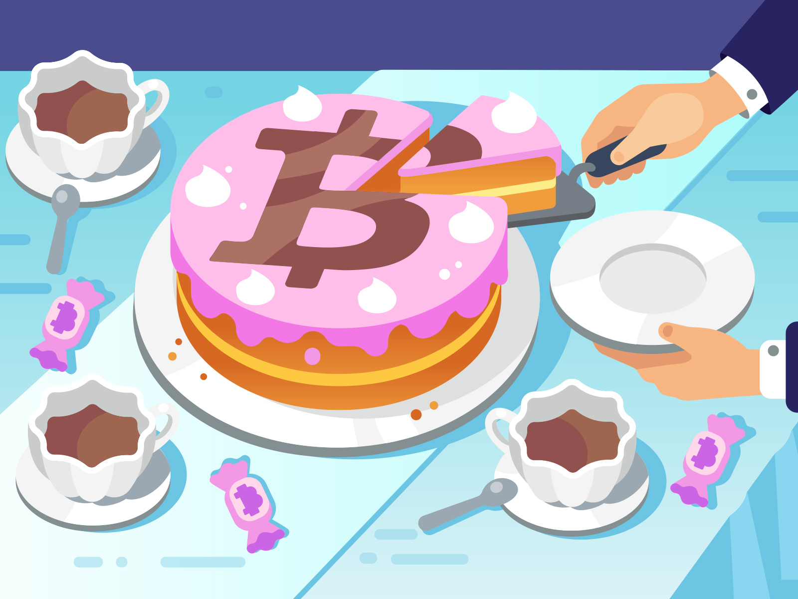 Bitcoin cake bitcoin business cake celebration crypto cut diagram flat illustration mining paxful tea