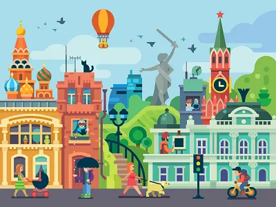 Moscow+Omsk+Volgograd attractions calendar character city flat fun illustration kremlin moscow omsk panorama polygraphy print summer volgograd