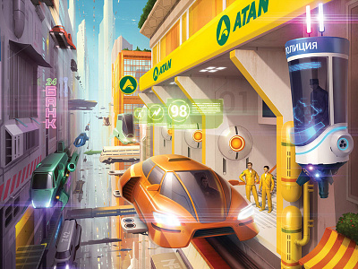 Atan calendar illustration car city flying future hitech illustration oil perspective police