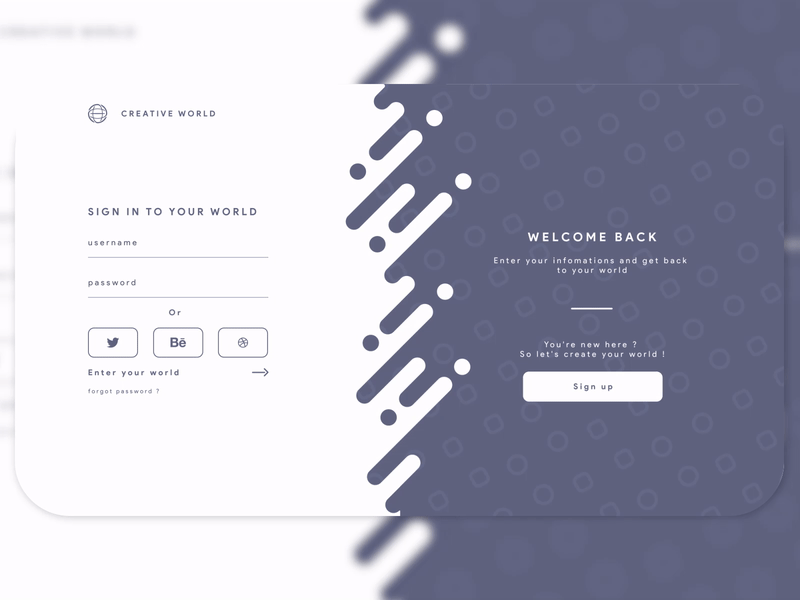 Daily UI - #1 - Signin/Signup // CreativeWorld 2d animated creative daily login motion design purple signin signup ui white world