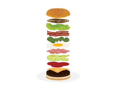Layered hamburger! avocado bacon eggs hamburger jam layers lettuce meat onion tomato vector