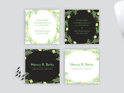 Watercolor Floral Wreath Square Business Card Design black and white both side business business card clean creative elegant floral floral business card layout minimal modern multiple multipurpose professional simple simple typography square watercolor wreath