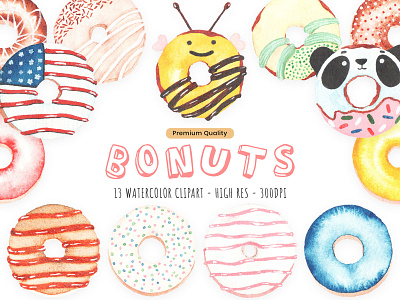 Handmade Watercolor Donuts Clip Art Set