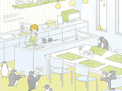 Room203 illustration kitchen penguin room