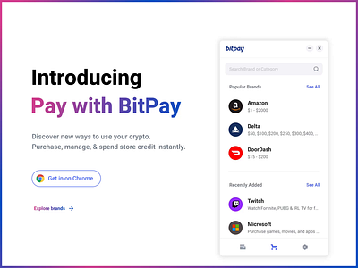 Introducing Pay with BitPay amazon animation bitcoin blockchain branding chrome extension crypto ecommerce ethereum gift cards gradient payment product design ui ux