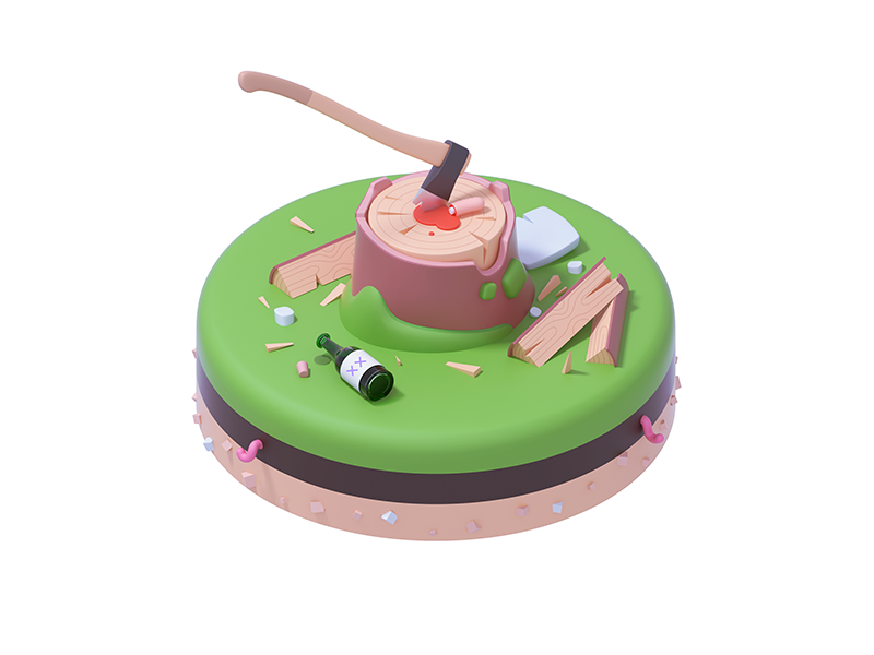 Dangerous Things: Story #1 lumberjack stone stump blood bottle alcohol ax wood c4d 3d rocketboy rboy