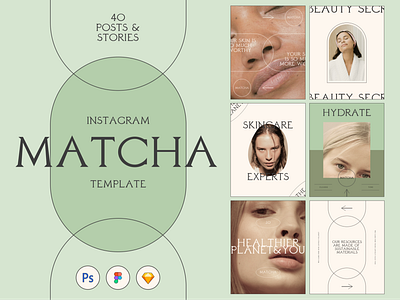 Matcha Skincare Instagram Template instagram post instagram stories instagram stories pack instagram template instagram templates matcha matcha skincare skincare social media pack social media templates typography template