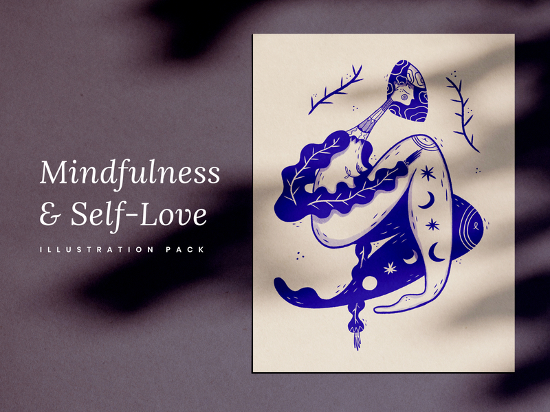 Mindfulness & Self-Love art blue bundle character digital art drawing drawing meditation girl illustration meditation mindfulness mockup pack packaging pattern people ui design yoga yogi zen