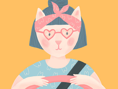 Driving Cat cat character design cute digital illustration drive driver hearts illustration procreate