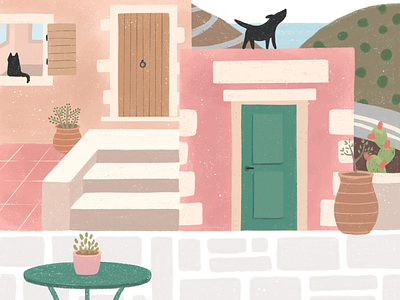 Crete cat character design crete digital illustration dog greece holidays house illustration landscape mountains plants sea summer