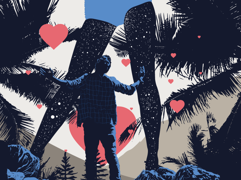 Paddi poster heart illustrator dark night mode desire vector illustration beauty digital art blue and red stars rocks palm her boy hearts legs sex night